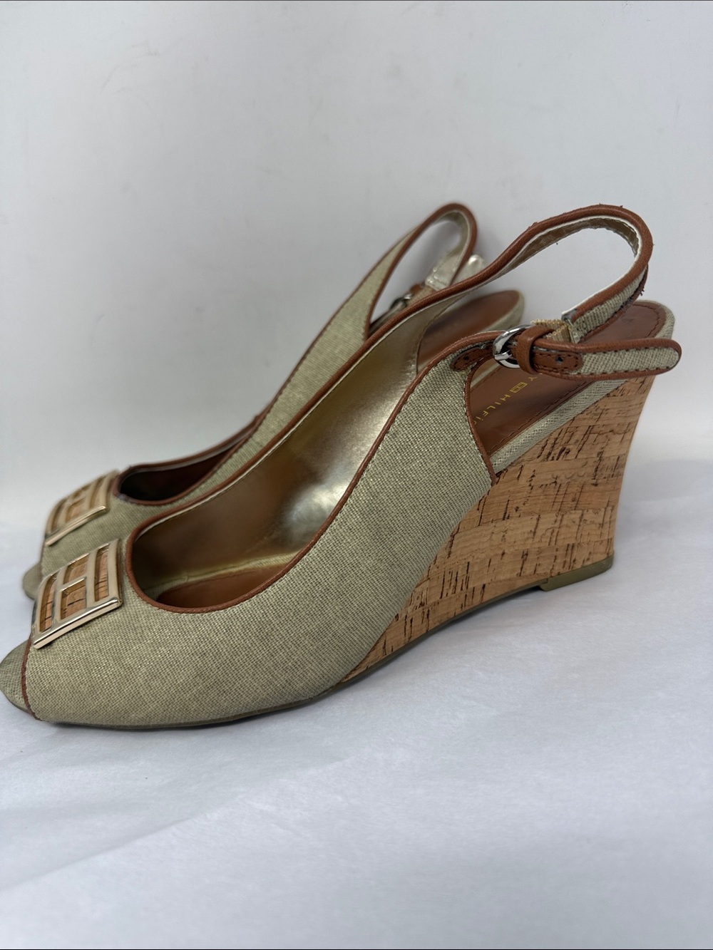 Tommy Hilfiger Linen Cork Wedge Slingback Peep Toe Heels Size 9 Coastal Grandma